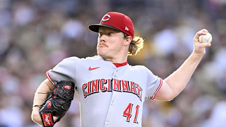 Sep 10, 2025; San Diego, California, USA; Cincinnati Reds starting pitcher Andrew Abbott (41) delivers during the fourth inning against the San Diego Padres at Petco Park. Mandatory Credit: Denis Poroy-Imagn Images