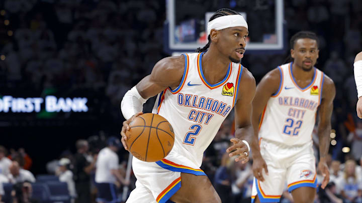 Jun 5, 2025; Oklahoma City, Oklahoma, USA; Oklahoma City Thunder guard Shai Gilgeous-Alexander (2) drives to the basket against the Indiana Pacers during the third quarter during game one of the 2025 NBA Finals at Paycom Center. Mandatory Credit: Alonzo Adams-Imagn Images Jun 5, 2025; Oklahoma City, Oklahoma, USA; Oklahoma City Thunder guard Shai Gilgeous-Alexander (2) drives to the basket against the Indiana Pacers during the third quarter during game one of the 2025 NBA Finals at Paycom Center. Mandatory Credit: Alonzo Adams-Imagn Images