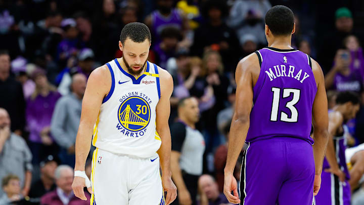 Jan 22, 2025; Sacramento, California, USA; Golden State Warriors guard Stephen Curry (30) walks up the court against the Sacramento Kings during the fourth quarter at Golden 1 Center. Mandatory Credit: Sergio Estrada-Imagn Images