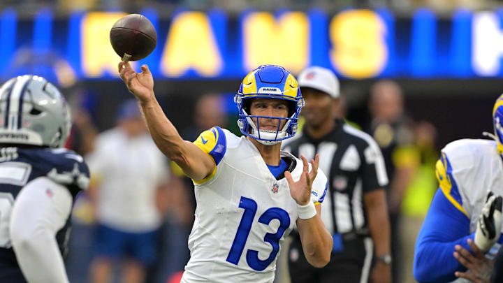 Aug 9, 2025; Inglewood, California, USA;  Los Angeles Rams quarterback Stetson Bennett IV (13) throws a pass during the second half against the Dallas Cowboys at SoFi Stadium. Mandatory Credit: Jayne Kamin-Oncea-Imagn Images