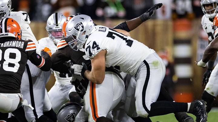 Dec 20, 2021; Cleveland, Ohio, USA; Las Vegas Raiders offensive tackle Kolton Miller (74) blocks the Dec 20, 2021; Cleveland, Ohio, USA; Las Vegas Raiders offensive tackle Kolton Miller (74) blocks the