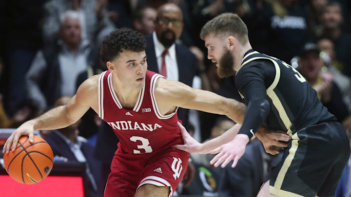 Indiana Hoosiers guard Anthony Leal (3) is defended by Purdue Boilermakers guard Braden Smith (3) Friday, Jan. 31, 2025, during the NCAA men’s basketball game at Mackey Arena in West Lafayette, Ind. Purdue Boilermakers won 81-76.