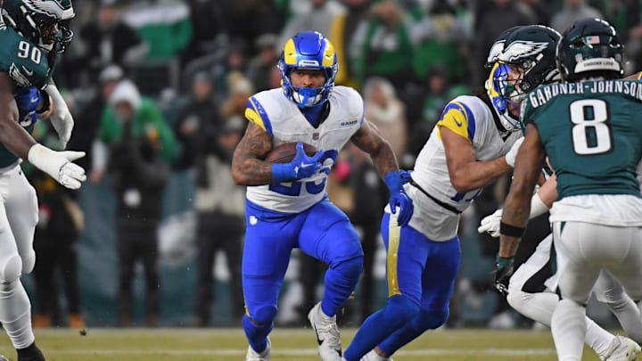 Jan 19, 2025; Philadelphia, Pennsylvania, USA; Los Angeles Rams running back Kyren Williams (23) runs with the ball against the Philadelphia Eagles in a 2025 NFC divisional round game at Lincoln Financial Field. Mandatory Credit: Eric Hartline-Imagn Images