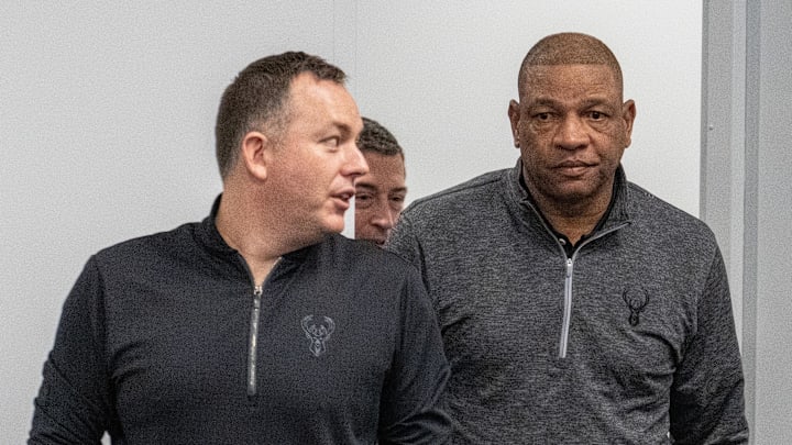 Jan 27, 2024; Milwaukee, Wisconsin, USA; Milwaukee Bucks general manager Jon Horst, left, and head coach Glenn Rivers arrive at a news conference at Fiserv Forum. Mandatory Credit: Mark Hoffman/Milwaukee Journal Sentinel-Imagn Images Jan 27, 2024; Milwaukee, Wisconsin, USA; Milwaukee Bucks general manager Jon Horst, left, and head coach Glenn Rivers arrive at a news conference at Fiserv Forum. Mandatory Credit: Mark Hoffman/Milwaukee Journal Sentinel-Imagn Images