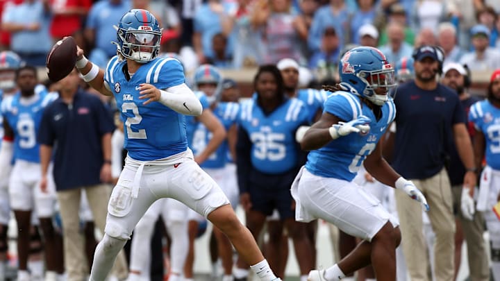 Sep 28, 2024; Oxford, Mississippi, USA; Mississippi Rebels quarterback Jaxson Dart (2) passes the ball during the second half against the Kentucky Wildcats at Vaught-Hemingway Stadium. Mandatory Credit: Petre Thomas-Imagn Images