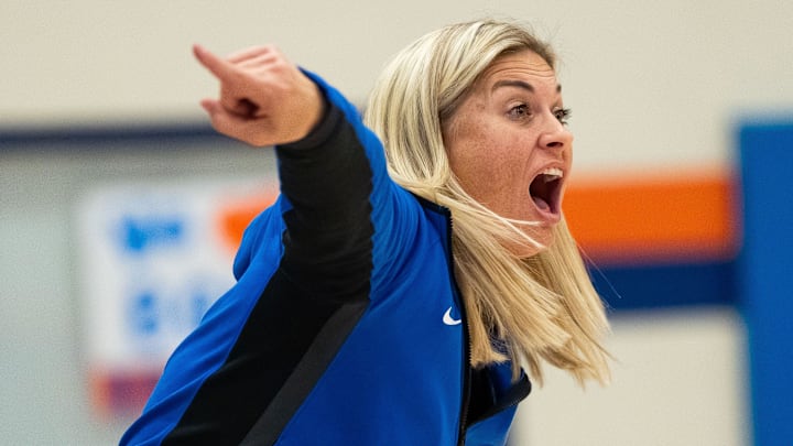 Bolles Bulldogs head coach Kelly Stevenson coaches in the second half from the bench. The Rutherford Rams played the Bolles Bulldogs in the FHSAA Region 1-3A girls basketball final at Bolles School in Jacksonville, Fla. Friday night, February 21, 2025. Bolles defeated Rutherford 52-38. [Doug Engle/Florida Times-Union]2025