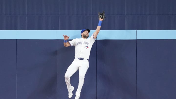 Jun 30, 2024; Toronto, Ontario, CAN; Toronto Blue Jays center fielder Kevin Kiermaier (39) catches a fly ball for the second out against the New York Yankees during the eighth inning at Rogers Centre. Mandatory Credit: Nick Turchiaro-USA TODAY Sports Jun 30, 2024; Toronto, Ontario, CAN; Toronto Blue Jays center fielder Kevin Kiermaier (39) catches a fly ball for the second out against the New York Yankees during the eighth inning at Rogers Centre. Mandatory Credit: Nick Turchiaro-USA TODAY Sports