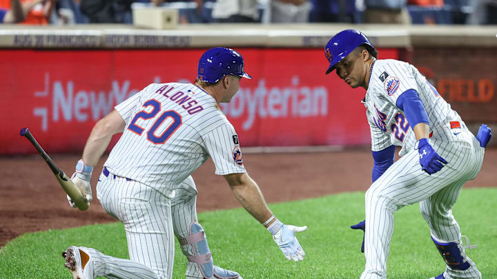 Aug 13, 2025; New York City, New York, USA;  New York Mets right fielder Juan Soto (22) is greeted by first baseman Pete Alonso (20) after hitting a two run home run in the second inning against the Atlanta Braves at Citi Field. Mandatory Credit: Wendell Cruz-Imagn Images