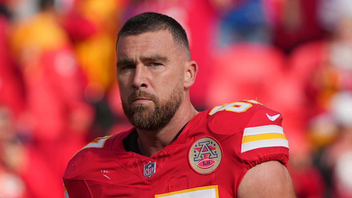 Nov. 23, 2025; Kansas City, Missouri, USA; Kansas City Chiefs tight end Travis Kelce (87) looks on before the game against the Indianapolis Colts at GEHA Field at Arrowhead Stadium. Nov. 23, 2025; Kansas City, Missouri, USA; Kansas City Chiefs tight end Travis Kelce (87) looks on before the game against the Indianapolis Colts at GEHA Field at Arrowhead Stadium.