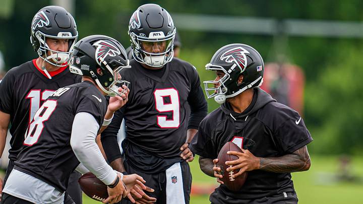 Jun 16, 2026; Atlanta, GA, USA; Atlanta Falcons quarterback Tua Tagovailoa (1) shown on the field during Minicamp. Mandatory Credit: Dale Zanine-Imagn Images