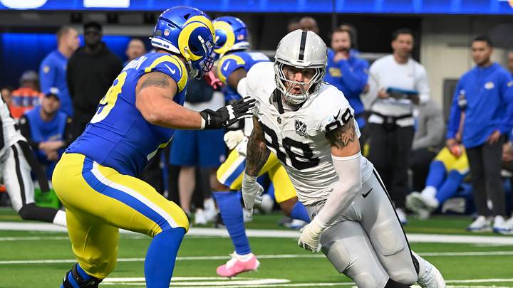 Oct 20, 2024; Inglewood, California, USA; Las Vegas Raiders defensive end Maxx Crosby (98) during the third quarter against the Los Angeles Rams at SoFi Stadium. Mandatory Credit: Robert Hanashiro-Imagn Images Oct 20, 2024; Inglewood, California, USA; Las Vegas Raiders defensive end Maxx Crosby (98) during the third quarter against the Los Angeles Rams at SoFi Stadium. Mandatory Credit: Robert Hanashiro-Imagn Images