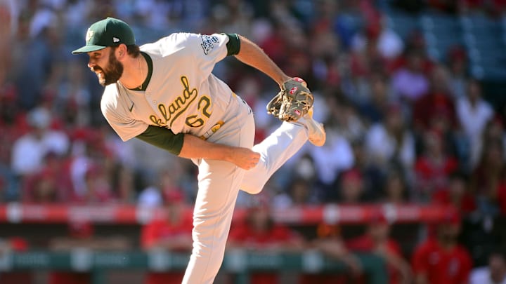 Sep 19, 2021; Anaheim, California, USA; Oakland Athletics relief pitcher Lou Trivino (62) should be looked at in a trade by the LA Angels.