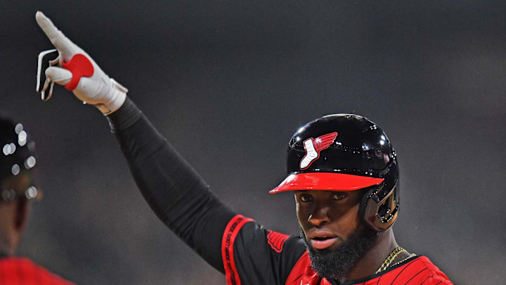 Chicago White Sox center fielder Luis Robert Jr. (88) celebrates his two-run single during the eighth inning against the Kansas City Royals at Rate Field on June 6.