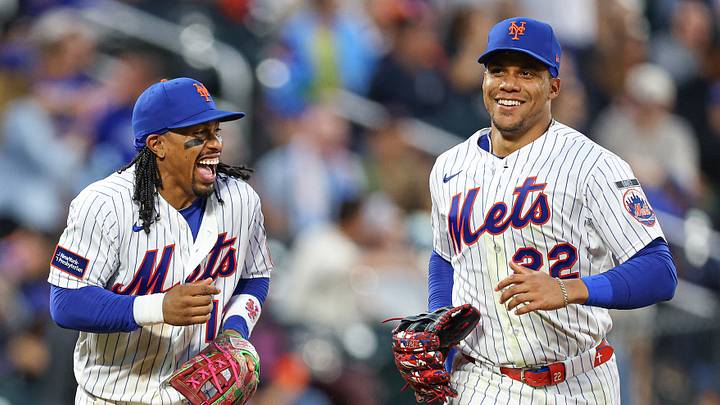 New York Mets left fielder Juan Soto (22) reacts with shortstop Francisco Lindor New York Mets left fielder Juan Soto (22) reacts with shortstop Francisco Lindor
