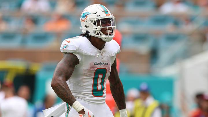 Miami Dolphins running back Ollie Gordon II (0) reacts after a play against the Kansas City Chiefs during the third quarter at Hard Rock Stadium.  Mandatory Credit: Nathan Ray Seebeck-Imagn Images