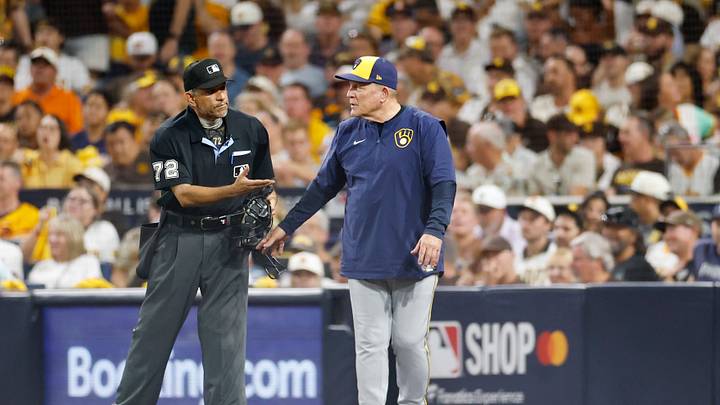 Oct 6, 2026; San Diego, California, USA; Milwaukee Brewers manager Pat Murphy (49) argues a call with umpire Alfonso Márquez (72) during the seventh inning against the San Diego Padres in game three of the NLDS for the 2026 MLB Playoffs at Petco Park. Mandatory Credit: David Frerker-Imagn Images Oct 6, 2026; San Diego, California, USA; Milwaukee Brewers manager Pat Murphy (49) argues a call with umpire Alfonso Márquez (72) during the seventh inning against the San Diego Padres in game three of the NLDS for the 2026 MLB Playoffs at Petco Park. Mandatory Credit: David Frerker-Imagn Images