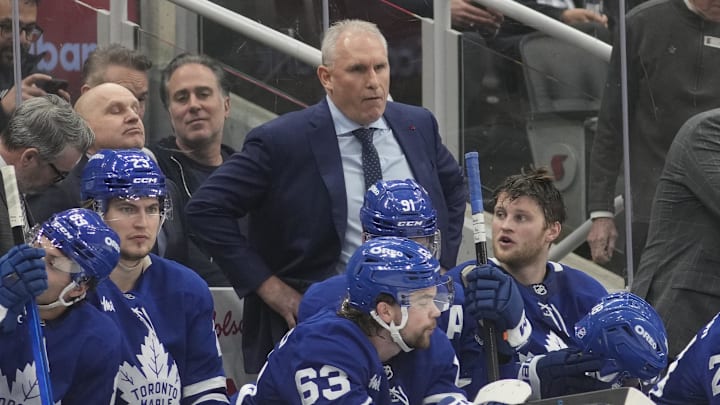 Jan 19, 2026; Toronto, Ontario, CAN; Toronto Maple Leafs head coach Craig Berube looks on from the bench during the third period against the Minnesota Wild at Scotiabank Arena. Mandatory Credit: John E. Sokolowski-Imagn Images