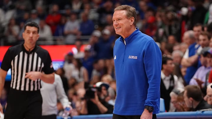 Kansas Jayhawks head coach Bill Self smiles over a call during the Sunflower Showdown game inside Allen Fieldhouse in Lawrence, Kansas, on Saturday, March 7, 2026.
