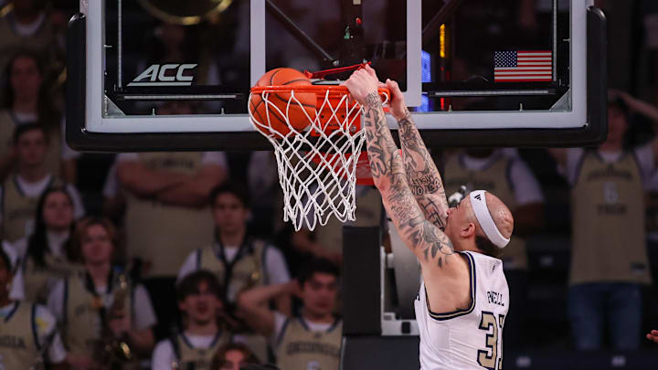 Mar 4, 2025; Atlanta, Georgia, USA; Georgia Tech Yellow Jackets forward Duncan Powell (31) dunks against the Miami Hurricanes in the first half at McCamish Pavilion. Mandatory Credit: Brett Davis-Imagn Images
