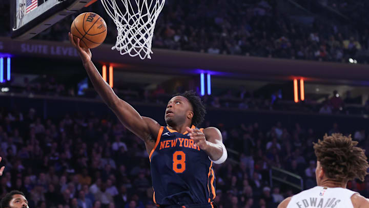 Mar 25, 2025; New York, New York, USA; New York Knicks forward OG Anunoby (8) drives to the basket in the first quarter against the Dallas Mavericks at Madison Square Garden. Mandatory Credit: Wendell Cruz-Imagn Images Mar 25, 2025; New York, New York, USA; New York Knicks forward OG Anunoby (8) drives to the basket in the first quarter against the Dallas Mavericks at Madison Square Garden. Mandatory Credit: Wendell Cruz-Imagn Images