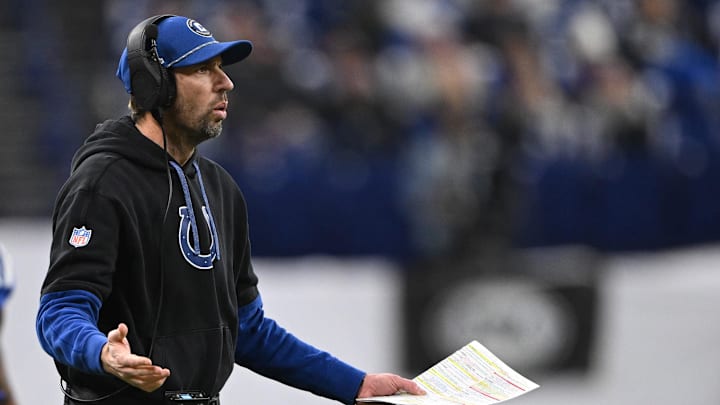 Jan 5, 2025; Indianapolis, Indiana, USA; Indianapolis Colts head coach Shane Steichen reacts to a call during the second half against the Jacksonville Jaguars at Lucas Oil Stadium. Mandatory Credit: Marc Lebryk-Imagn Images