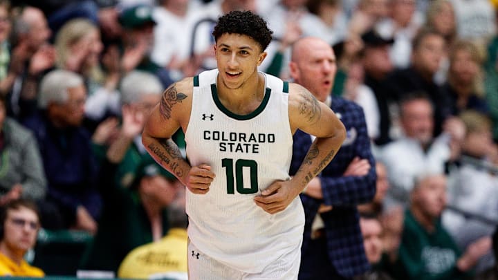 Feb 15, 2025; Fort Collins, Colorado, USA; Colorado State Rams guard Nique Clifford (10) after a play in the first half against the Wyoming Cowboys at Moby Arena. Mandatory Credit: Isaiah J. Downing-Imagn Images