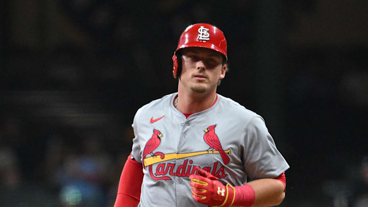 May 10, 2024; Milwaukee, Wisconsin, USA; St. Louis Cardinals second base Nolan Gorman (16) rounds