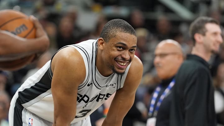 Mar 14, 2026; San Antonio, Texas, USA;  San Antonio Spurs forward Keldon Johnson (3) smiles in the second half against the Charlotte Hornets at Frost Bank Center. Mandatory Credit: Daniel Dunn-Imagn Images
