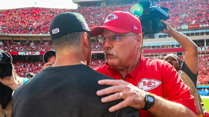 Sep 22, 2019; Kansas City, MO, USA; Kansas City Chiefs head coach Andy Reid talks with Baltimore Ravens head coach John Harbaugh after the game at Arrowhead Stadium. Mandatory Credit: Jay Biggerstaff-Imagn Images Sep 22, 2019; Kansas City, MO, USA; Kansas City Chiefs head coach Andy Reid talks with Baltimore Ravens head coach John Harbaugh after the game at Arrowhead Stadium. Mandatory Credit: Jay Biggerstaff-Imagn Images