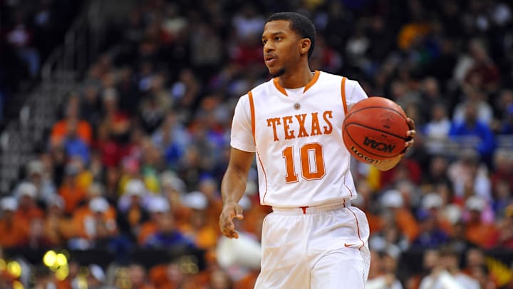 Mar 10, 2010; Kansas City, MO, USA; Texas Longhorns guard Jai Lucas (10) during the first half against the Iowa State Cyclones during the first round of the mens Big 12 Tournament at the Sprint Center. Mandatory Credit: Ron Chenoy-Imagn Images
