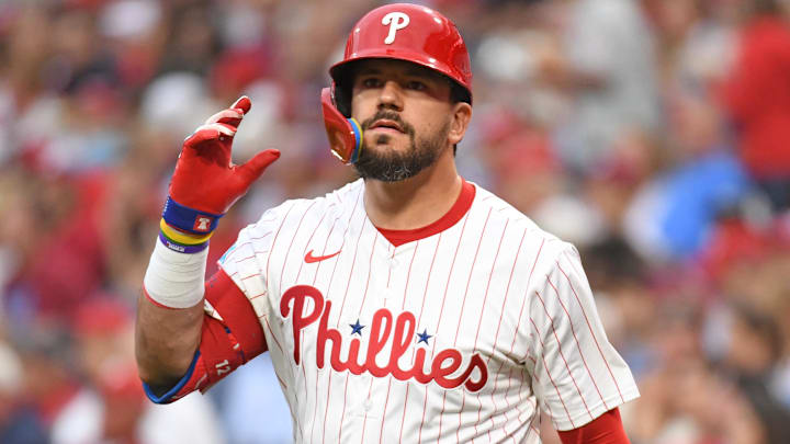 Aug 18, 2025; Philadelphia, Pennsylvania, USA; Philadelphia Phillies outfielder Kyle Schwarber (12) against the Seattle Mariners at Citizens Bank Park. Mandatory Credit: Eric Hartline-Imagn Images