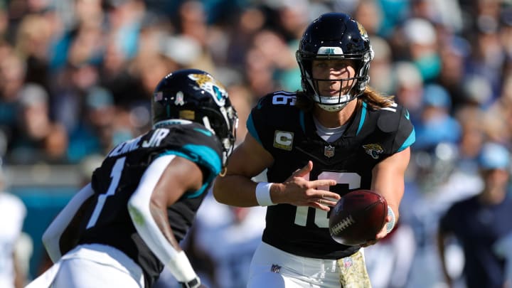 Nov 19, 2023; Jacksonville, Florida, USA;  Jacksonville Jaguars quarterback Trevor Lawrence (16)