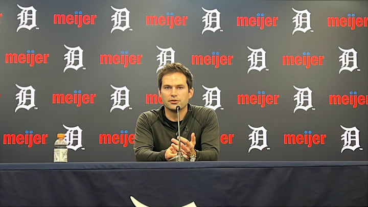 Detroit Tigers president of baseball operations Scott Harris talks to reporters about trading for starting pitcher Chris Paddack on July 28, 2025, at Comerica Park in Detroit, Michigan. Detroit Tigers president of baseball operations Scott Harris talks to reporters about trading for starting pitcher Chris Paddack on July 28, 2025, at Comerica Park in Detroit, Michigan.