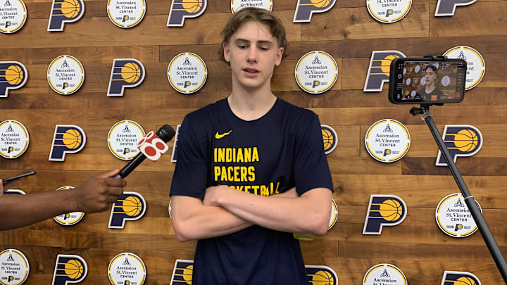 Indiana Pacers forward Johnny Furphy speaks with reporters after a summer league practice in July of 2024. (Mandatory Photo Credit: Pacers On SI) Indiana Pacers forward Johnny Furphy speaks with reporters after a summer league practice in July of 2024. (Mandatory Photo Credit: Pacers On SI)