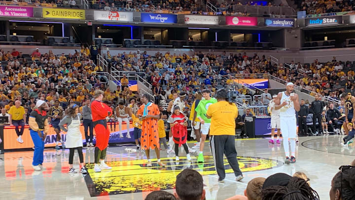 Indiana Pacers players dressed in costume after dancing in front of the crowd at Indiana Pacers FanJam in 2024. (Mandatory Photo Credit: Pacers On SI)