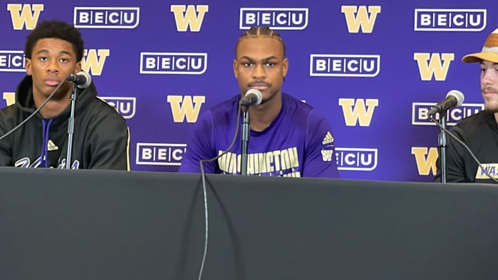 Linebacker Khmori House, middle, sits for an interview with Ephesians Prysock and Carson Bruener.  