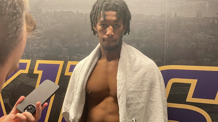 Wesley Yates meets with the media after practice. 