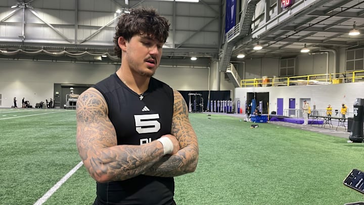 Zach Durfee holds court with the media at UW Pro Day.