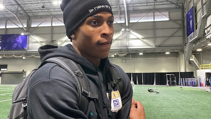 Tacario Davis meets with the media at Husky Pro Day. 