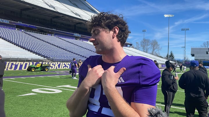 Hunter Green meets with the media after the third UW spring practice.