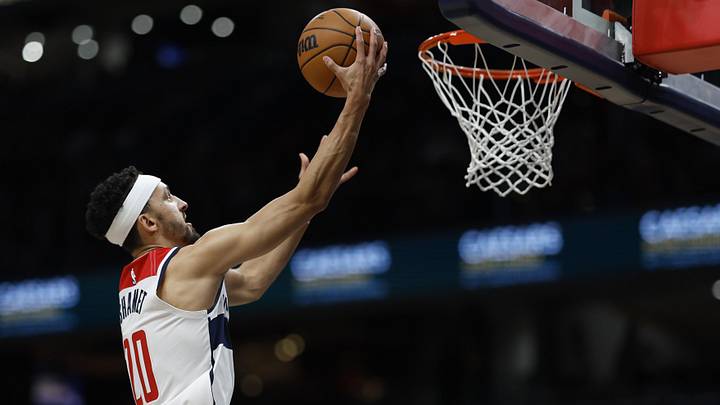 Jan 8, 2024; Washington, District of Columbia, USA; Washington Wizards guard Landry Shamet (20) shoots the ball against the Oklahoma City Thunder in the third quarter at Capital One Arena. Mandatory Credit: Geoff Burke-Imagn Images