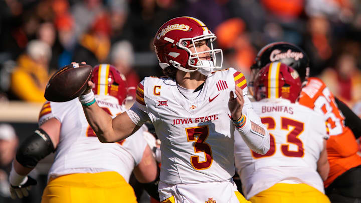 Nov 29, 2025; Stillwater, Oklahoma, USA; Iowa State Cyclones quarterback Rocco Becht (3) passes during the second half against the Oklahoma State Cowboys at Boone Pickens Stadium. Mandatory Credit: William Purnell-Imagn Images
