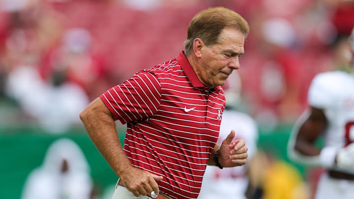 Sep 16, 2023; Tampa, Florida, USA;  Alabama Crimson Tide punter head coach Nick Saban leads warms