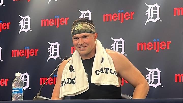 Detroit Tigers left-hander Tarik Skubal talks to reporters after a bullpen session in return from elbow surgery May 18, 2026, at Comerica Park in Detroit, Michigan.