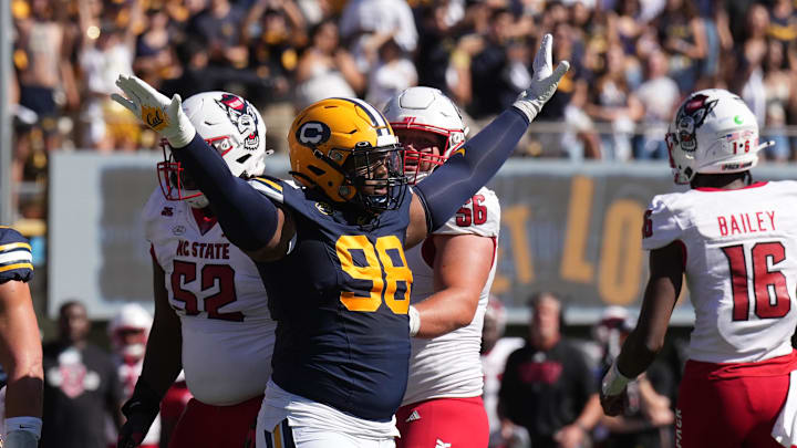 Cal defensive lineman Nate Burrell celebrates a big moment Cal defensive lineman Nate Burrell celebrates a big moment