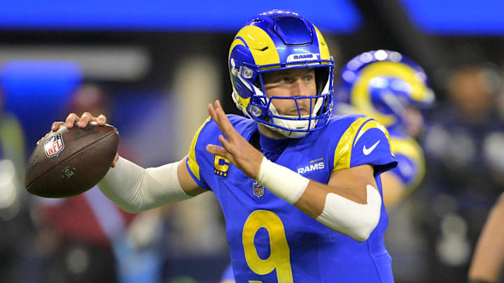 Dec 28, 2024; Inglewood, California, USA;   Los Angeles Rams quarterback Matthew Stafford (9) throws a pass against the Arizona Cardinals at SoFi Stadium. Mandatory Credit: Jayne Kamin-Oncea-Imagn Images