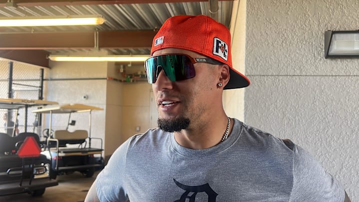 Detroit Tigers shortstop Javier Báez talks to reporters about playing defense for the first time in spring training March 3, 2025, at Joker Marchant Stadium in Lakeland, Florida.