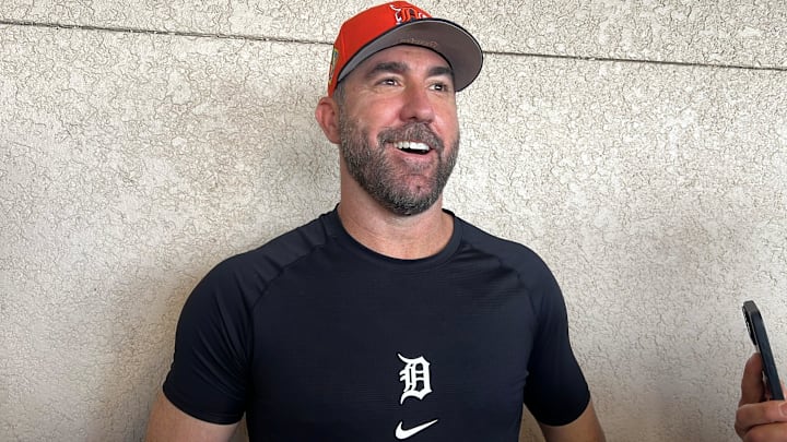 Detroit Tigers right-hander Justin Verlander talks to reporters after his first start of spring training March 6, 2026, at Joker Marchant Stadium in Lakeland, Florida.