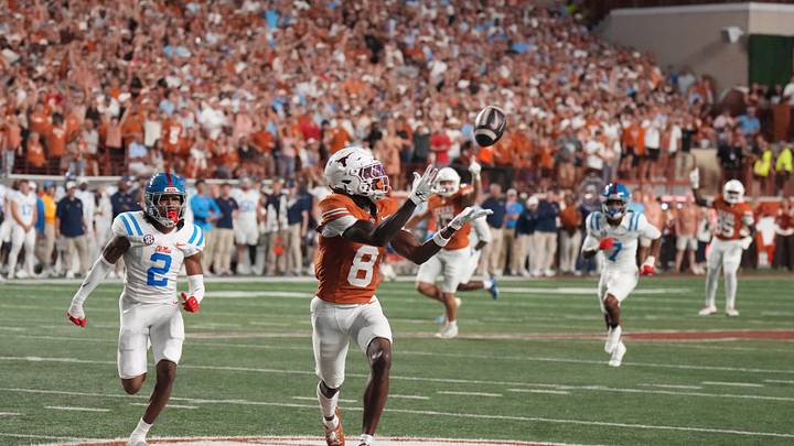Oct 24, 2026; Austin, Texas, USA; Texas Longhorns wide receiver Cam Coleman (8) attempts to catch the ball in front of Mississippi Rebels cornerback Jaylon Braxton (2) during the first half at Darrell K Royal-Texas Memorial Stadium. Mandatory Credit: Scott Wachter-Imagn Images Oct 24, 2026; Austin, Texas, USA; Texas Longhorns wide receiver Cam Coleman (8) attempts to catch the ball in front of Mississippi Rebels cornerback Jaylon Braxton (2) during the first half at Darrell K Royal-Texas Memorial Stadium. Mandatory Credit: Scott Wachter-Imagn Images