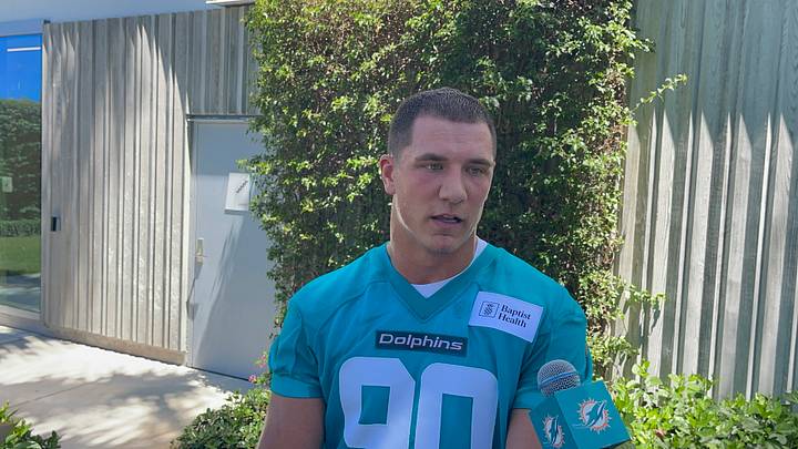 Miami Dolphins free agent edge defender Mason Rieger was asked whether he's been told he looks like John Cena. Miami Dolphins free agent edge defender Mason Rieger was asked whether he's been told he looks like John Cena.